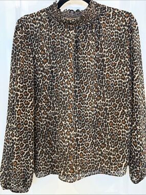 J. Crew Smocked Leopard Print Blouse in Brown and Black